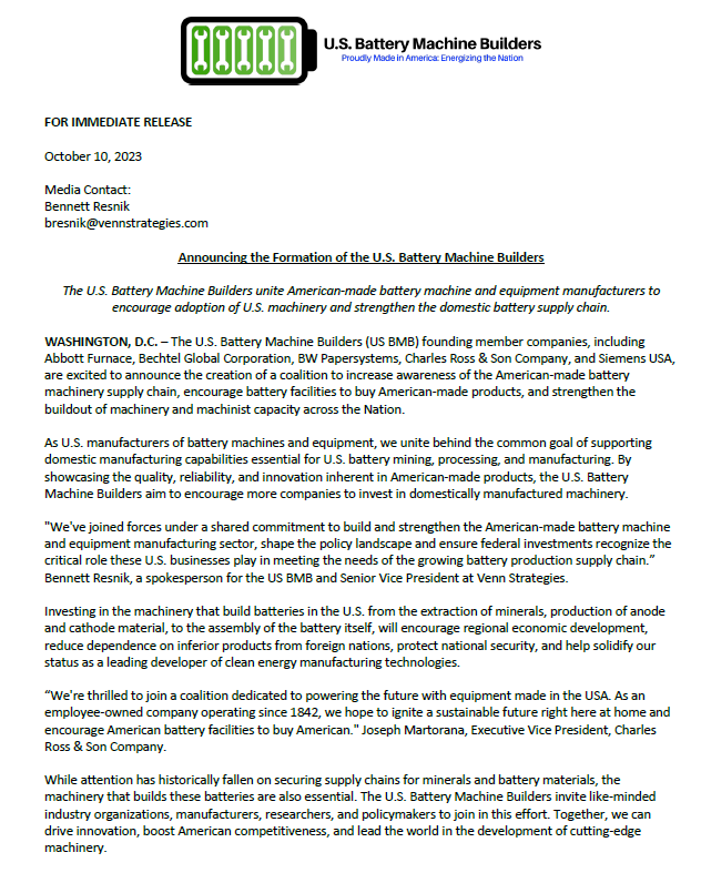 LAUNCH OF THE U.S. BATTERY MACHINE BUILDERS 1 US BMB Launch Press Release